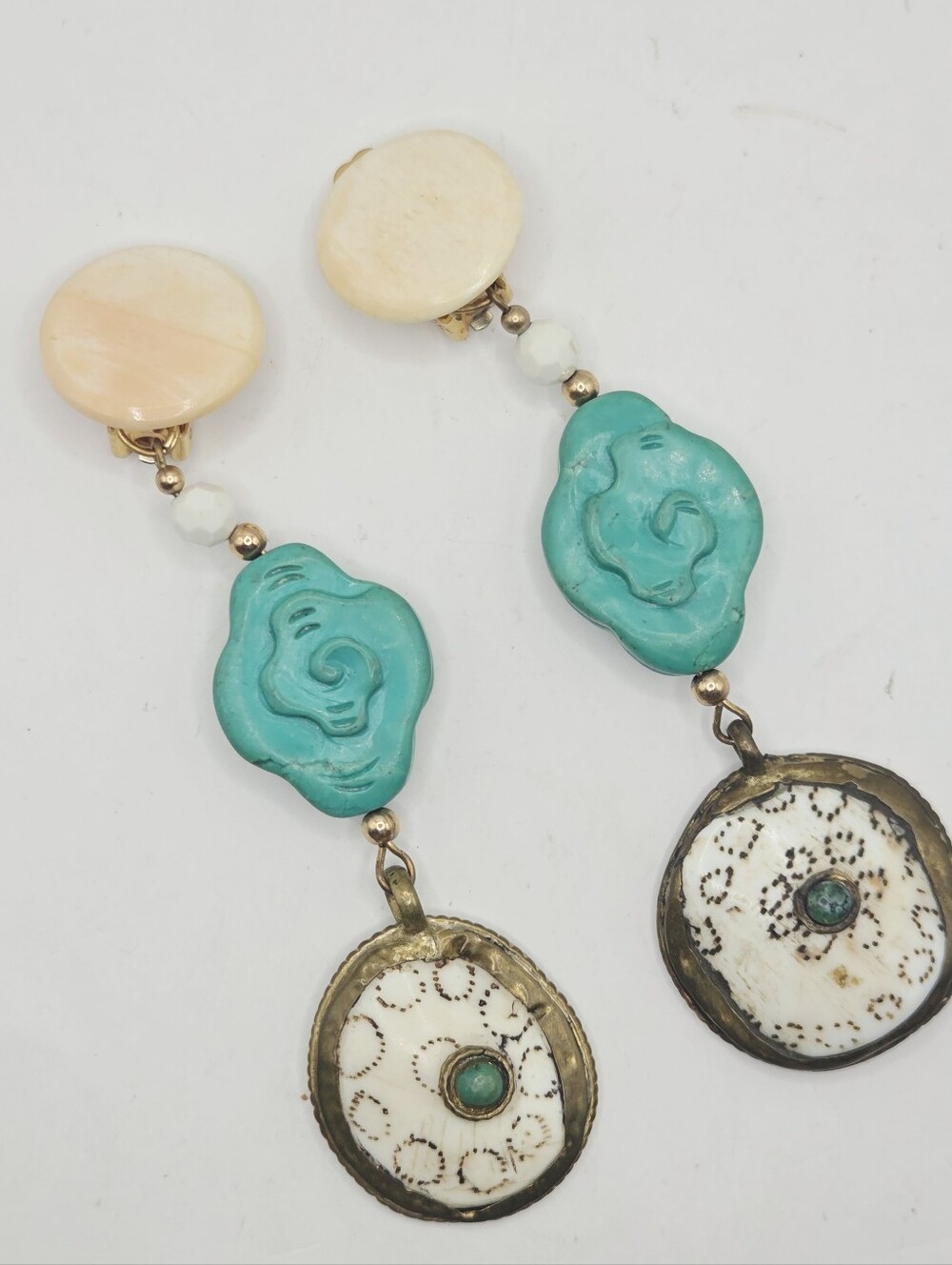 Rare Vintage Handmade Tibetan Style Brass Shell Stone Dangle Clip On Earrings